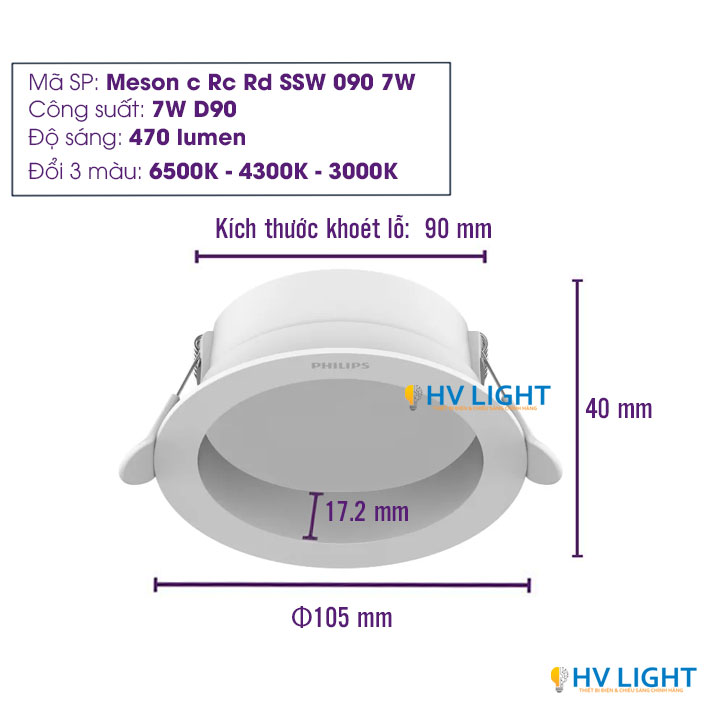 Kích thước đèn LED âm trần chóa sâu đổi màu 7W D90 Philips Meson Comfort SSW